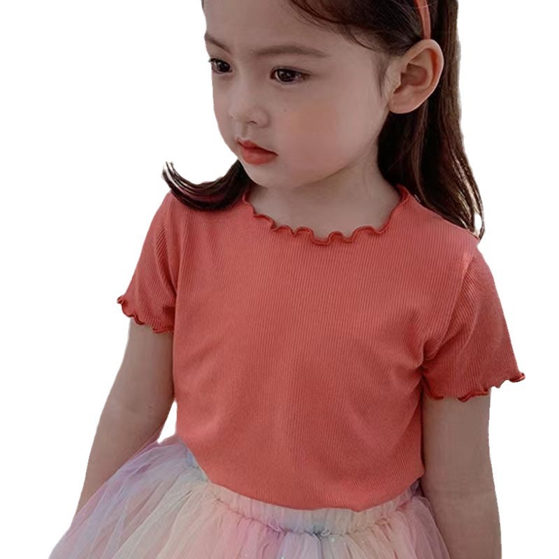 Ice Silk Short-Sleeve T-Shirt Korean Style for Girls, Summer Versatile Striped Ruffle Edge Top for Toddlers and Young Children, Casual and Versatile