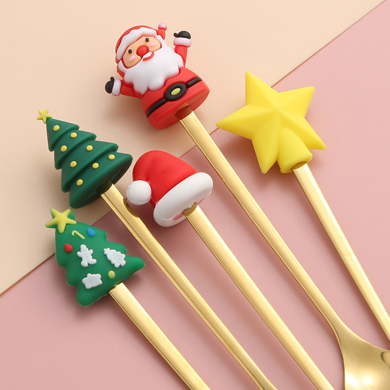 Stainless steel spoon creative Christmas tree coffee mixing spoon dessert fruit fork doll spoon Fork tableware gift suit