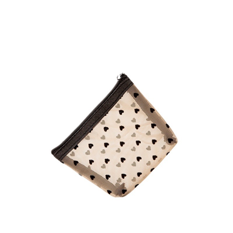 Niche ins mesh flocking love wash storage portable travel cosmetic bag large capacity breathable cute wholesale