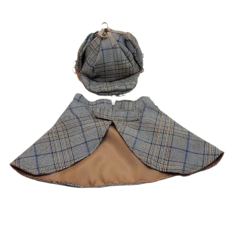 Pet Sherlock Holmes Detective Transformation Cloak Hat Set Cat Dog Halloween Dress Funny Sleeveless