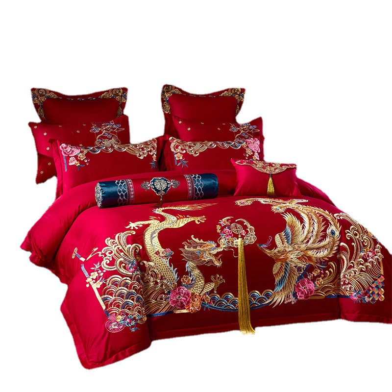 Cotton wedding four-piece wedding wholesale red embroidery bedding cotton wedding eight-piece wedding bed