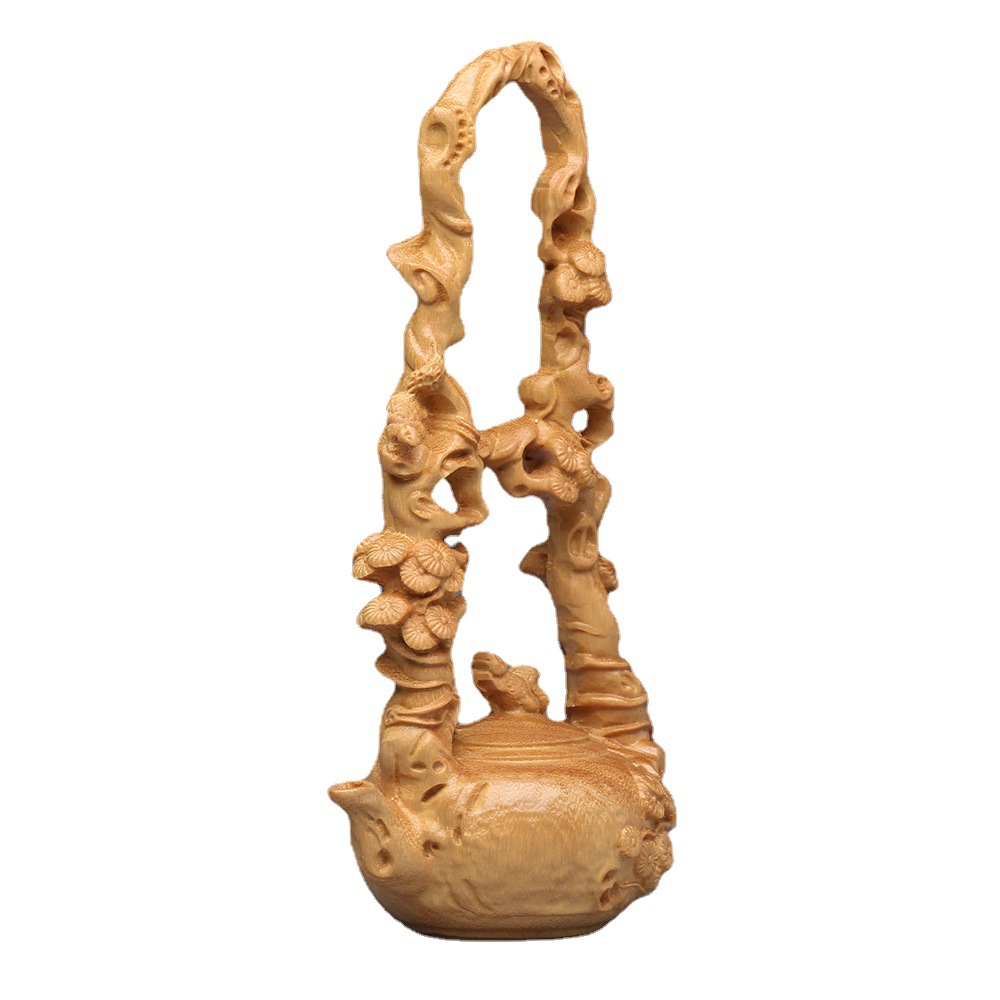 Chinese-Style Decorative Piece with Carved Cypress Wood, Dongpo Teapot Stand, Solid Wood Display Rack for Teapots, Home Living Room Decoration