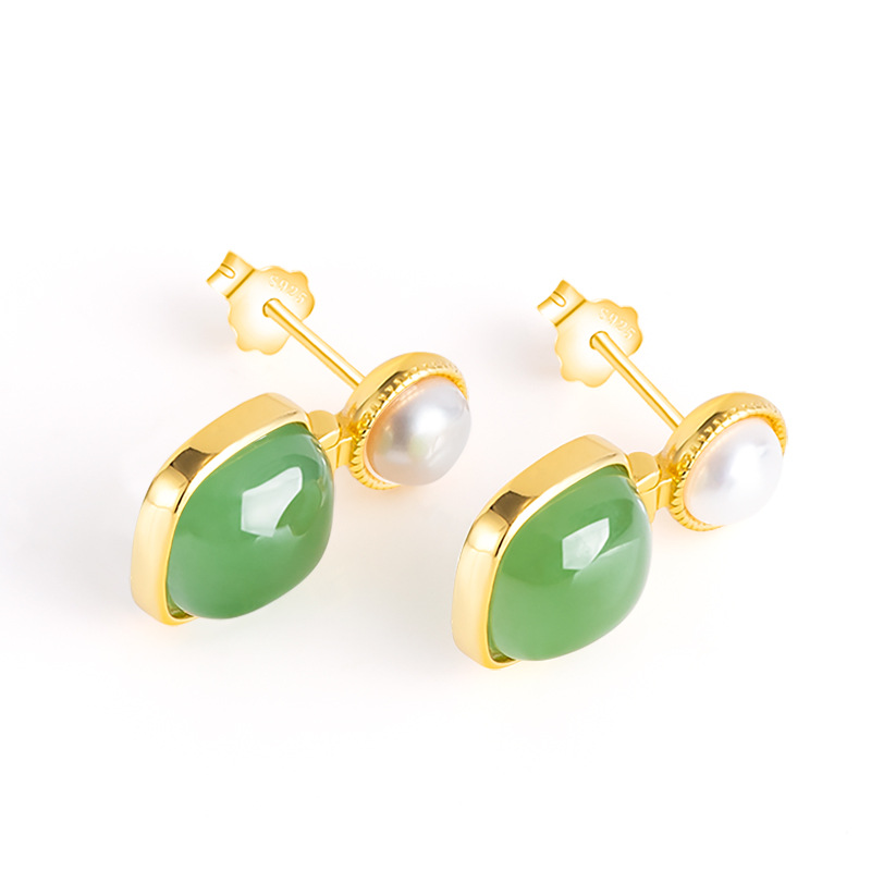 Spinach Green Natural Old Material Hetian Jade Jasper Square Pearl Earrings Women's genuine goods S925 Silver Jade Earrings