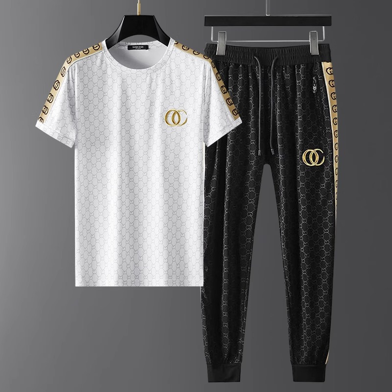 European Station High-grade Ice Silk Casual Suit Men's Summer Trendy Brand Thin Sportswear Short-sleeved Pants with a Set