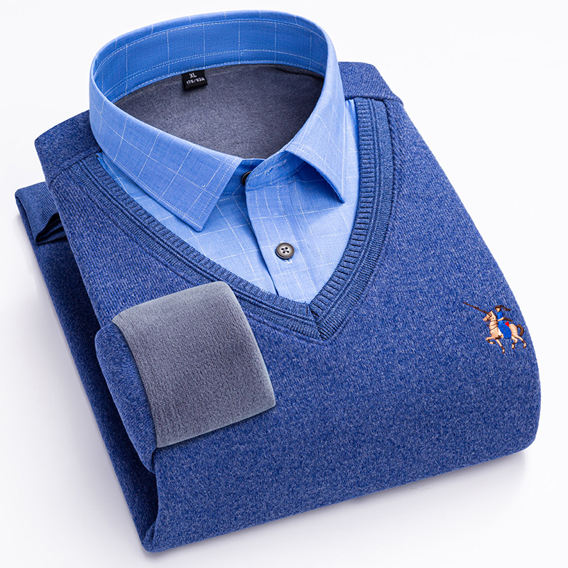 New Autumn and Winter Thickened Men's Faux Two-Piece Shirt Collar Sweater Pullover Warm Versatile Top