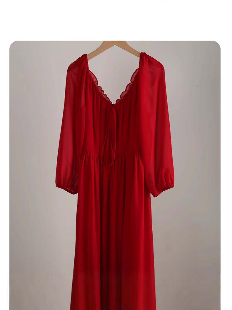 [in stock] 2512 new micro fat mm plus size seaside French red V-neck dress women's A- line skirt