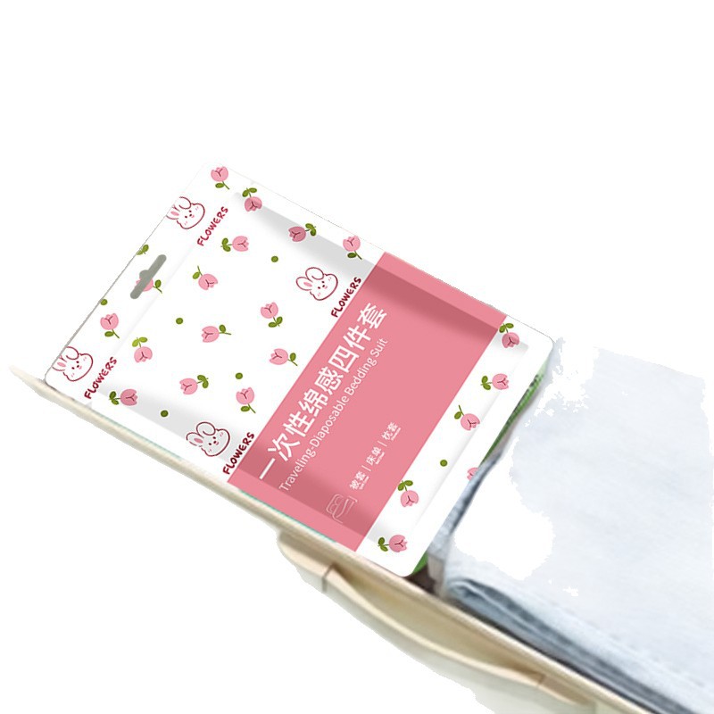 Pure Cotton Disposable Bed Four-Piece Set of Bed Sheetss, Quilt Covers, Pillowcases, Class a Sterilization Thickeneded Dirt-Proof Bedding for Hotel Travel