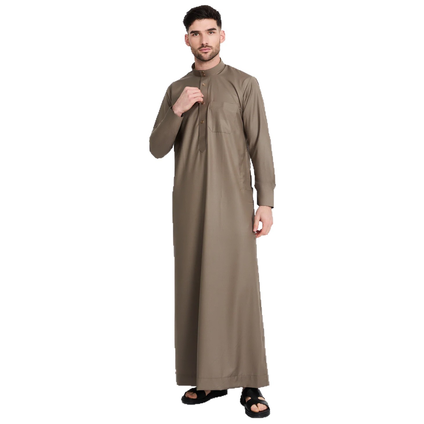 Cross border polyester men's robe Qatar stand collar robe pocket design Arab Middle East men's in stock wholesale