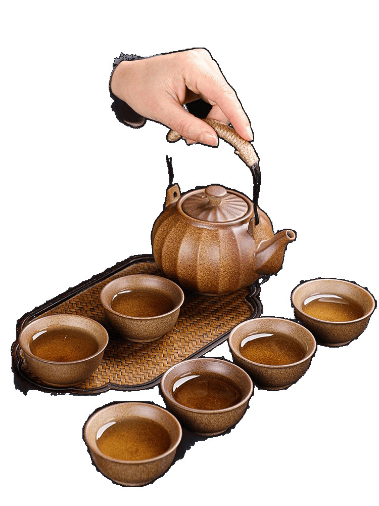 Teapot Set with Handle, Coarse Pottery Complete Ceramic Kung Fu Tea Set for Home Use, Simple Charcoal Stove Teapot for Brewing Tea Around the Stove