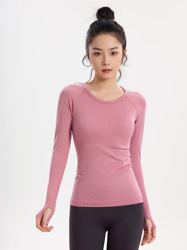 Seamless All-in-One Yoga Clothes Round Neck Slim-Fit Slimming Sports Long-Sleeved 2024 Autumn and Winter Top T-Shirt All-Match