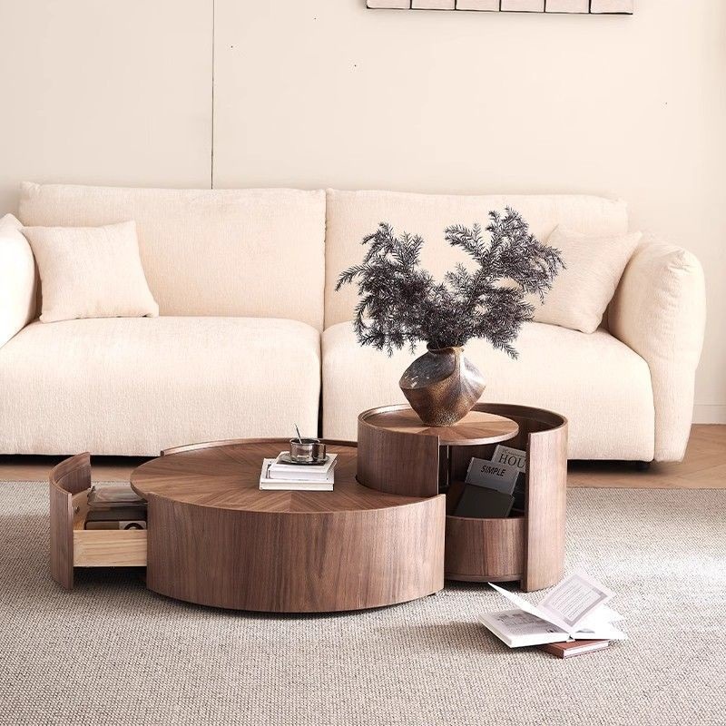 New Chinese-Style Light Luxury Round Walnut Coffee Table Set Designer Creative Living Room Home Wabi-Sabi Style