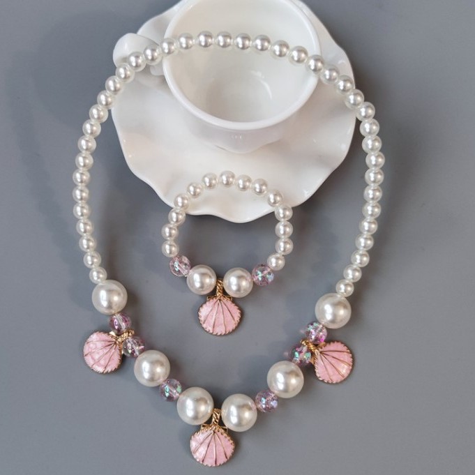 New children's fishtail necklace bracelet cross-border jewelry set plate beads pearl necklace cartoon pearl shell wholesale