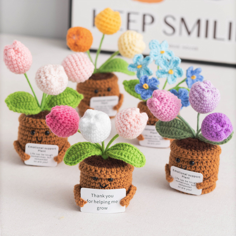 Cross-Border Positive Energy Knitted Flower Plant Potted Finished Wool Artificial Flower Desktop Ornament Handheld Card Doll