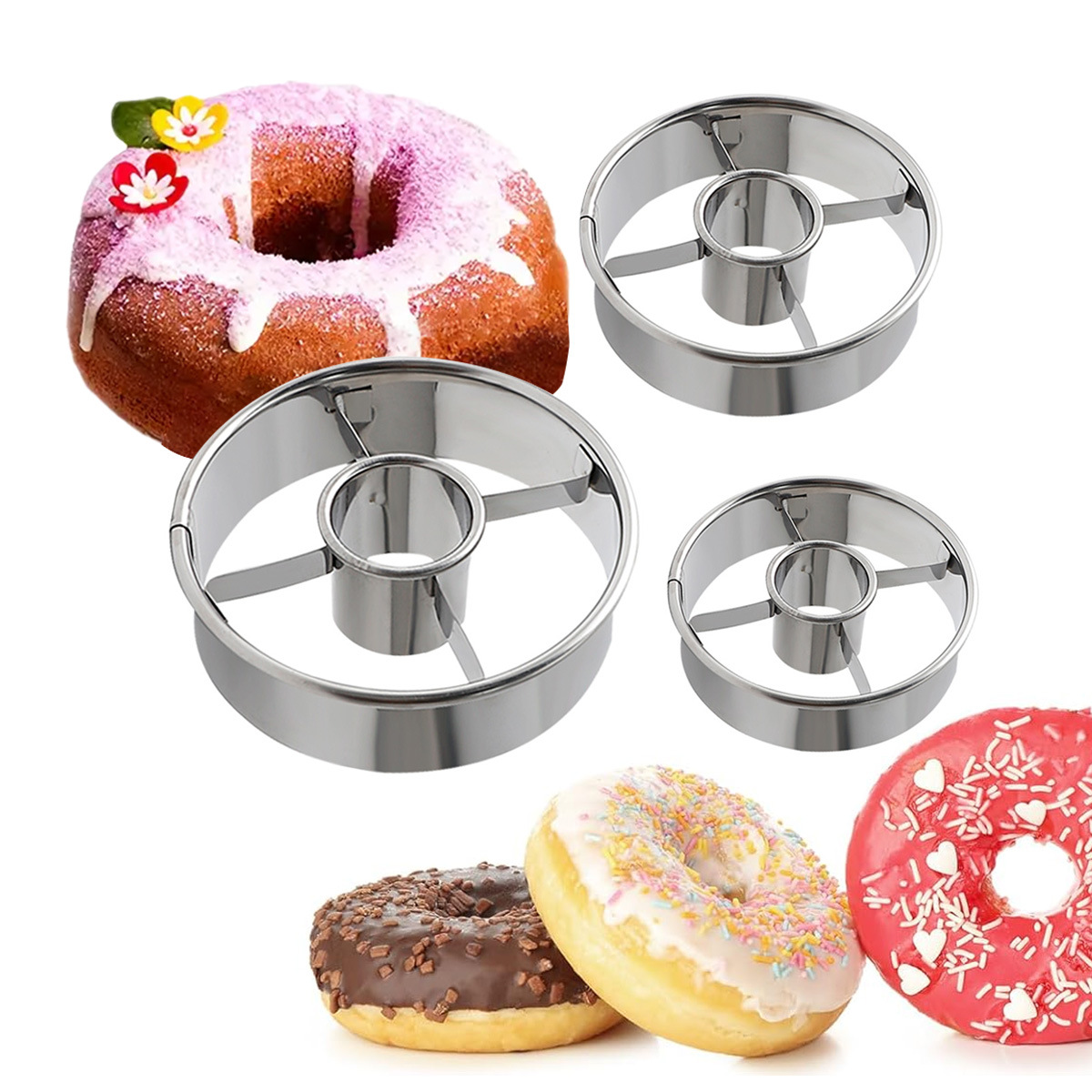 In stock 430 stainless steel donut mold kitchen baking mousse round cake cutting mold cookie biscuit mold