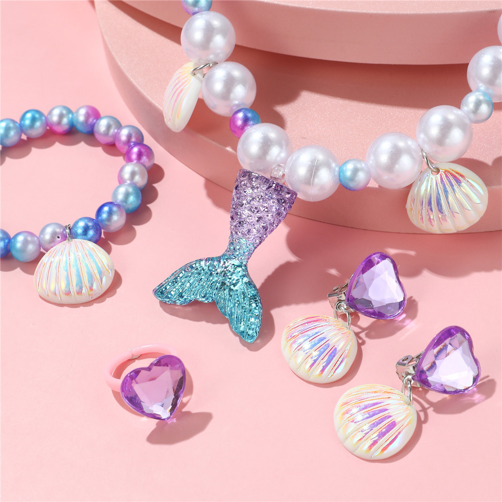 Children's Mermaid Pearl Necklace Beaded Set Dopamine Pearl Shell Cute Princess Necklace Jewelry Set