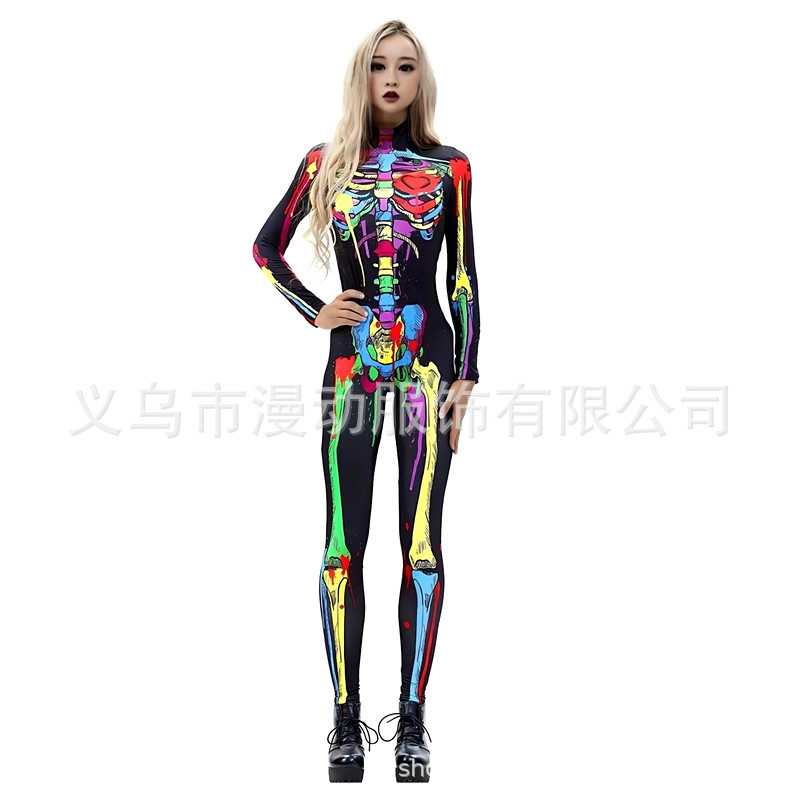 Women's Printed Rose Skull jumpsuit Milk Silk Material Sexy Halloween Horror Dress Up Girl Party