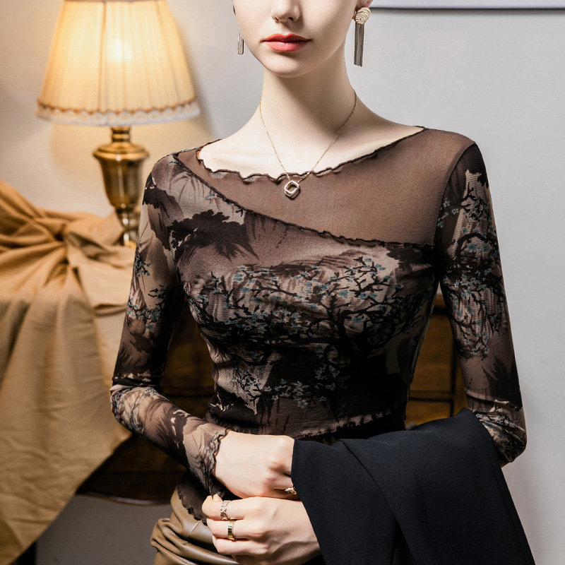 One-word Collar Vintage Printed Mesh Stitching Base Shirt Women's 2024 Autumn New Women's Fashionable Long-sleeved Top