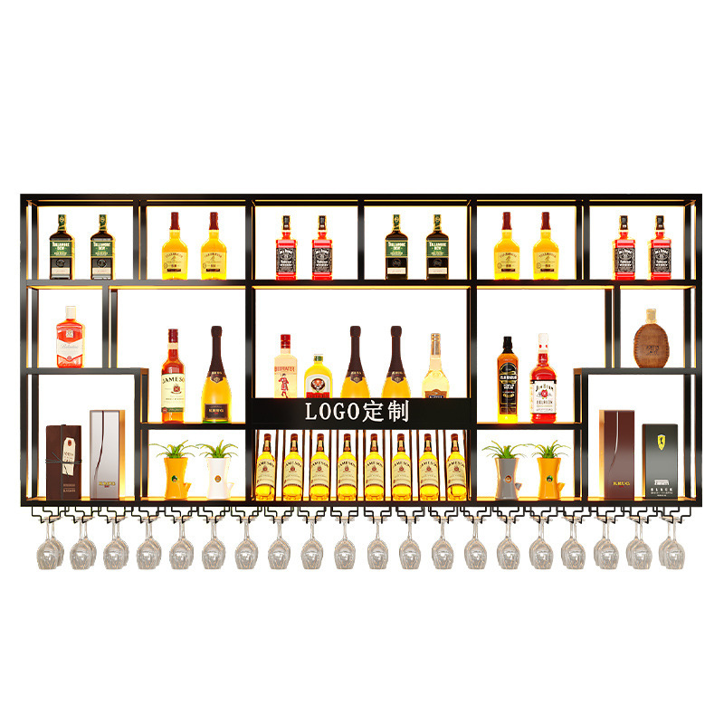 Bar with Light Wine Rack Wine Cabinet Wall-mounted Wine Display Rack Restaurant Wall-mounted Red Wine Rack Iron Multi-layer