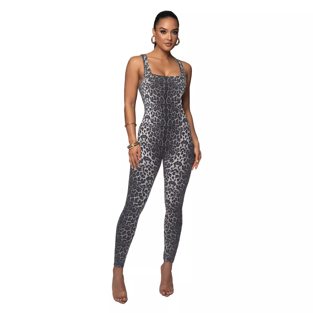 Foreign Trade Women's Printed Sleeveless Vest Jumpsuit Threaded Square Collar Backless Hip Slim-fit Sports Jumpsuit in stock