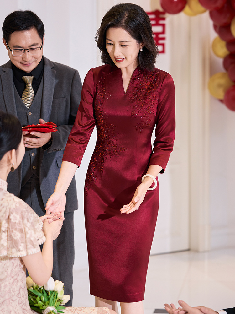 Triacetate Satin Mother-In-Law Toast Dress Wedding Mother's Dress Stylish High-Waisted Slim Mid-Length V-Neck Popular Autumn