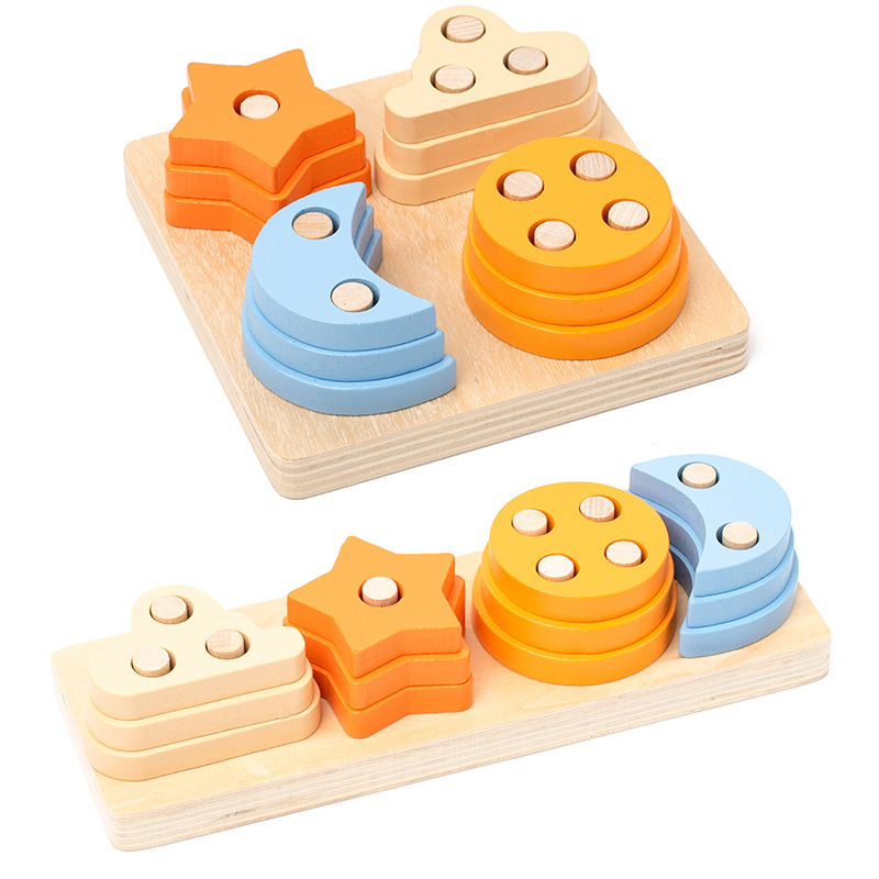 One-Piece Wooden Montessori early education toys geometric shape set column educational cognition five sets of column building blocks matching