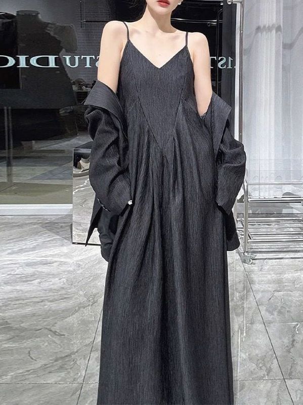 [in stock] plus size Women's New Spring and Autumn Fat mm Loose Jacket Sling Dress suit Two-Piece 5027