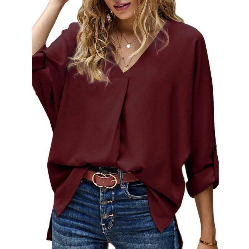 2023Ebay Aliexpress 2022 Spring and Summer New Product Sexy V Neck Loose Large Size Shirt Versatile Casual Top for Women