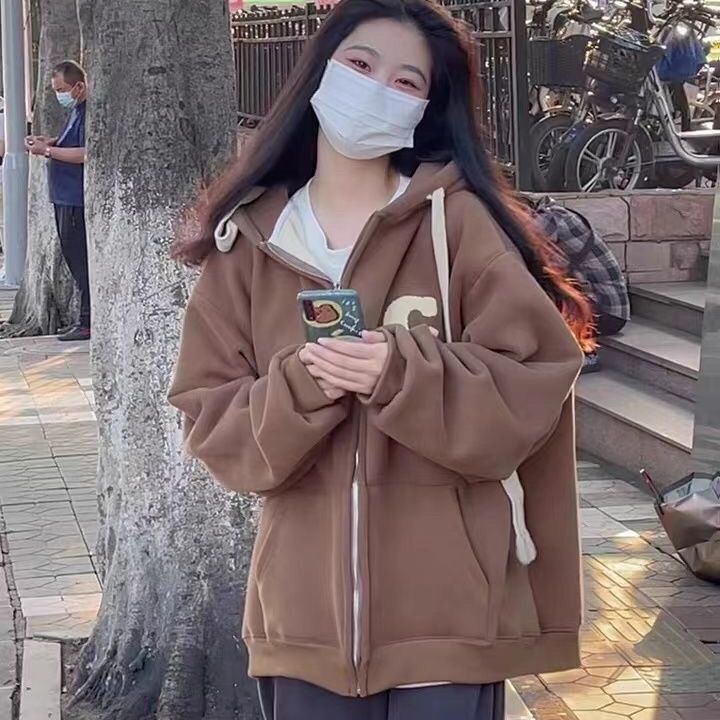 American-style Retro Baseball Suit oversize Sweater Jacket Women's Autumn and Winter Design Sense Niche Fleece-lined Thickened ins Trendy