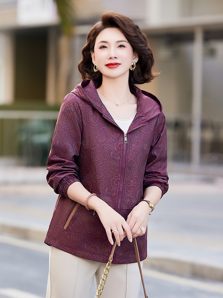 Mom Spring Mid-length Casual Coat Coat Loose plus size Jacket Top Middle-aged and Elderly Guofeng Hooded Cardigan