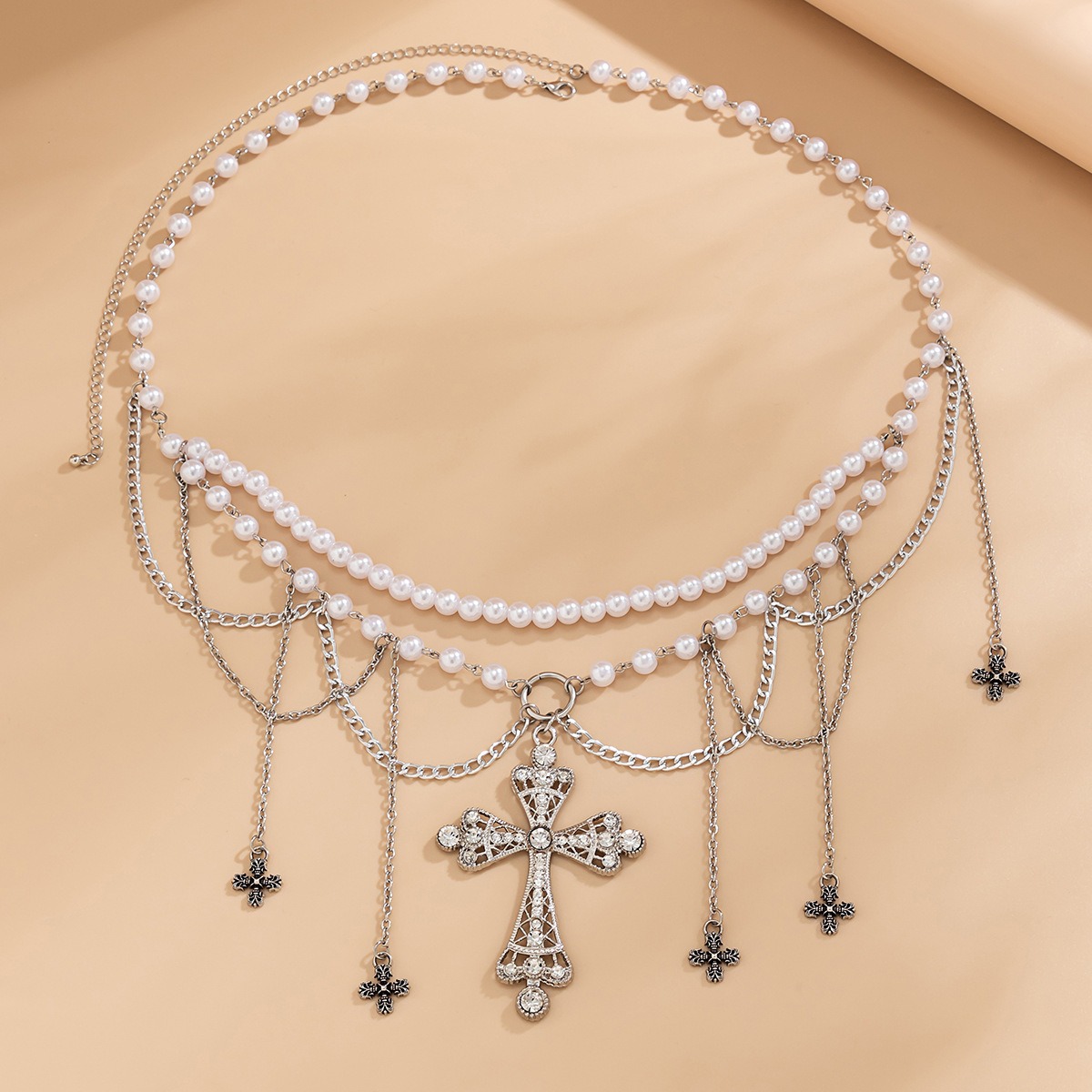 European and American Cross-border Jewelry Personalized Metal Cross Tassel Waist Chain Women's Fashion and Popular Double Layer Imitation Pearl Body Chain