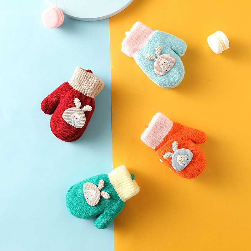Winter Thickened fleece-lined Children's Men's and Women's Gloves Cartoon Cute Cold-proof Warm Finger Bag Baby Kindergarten with Rope