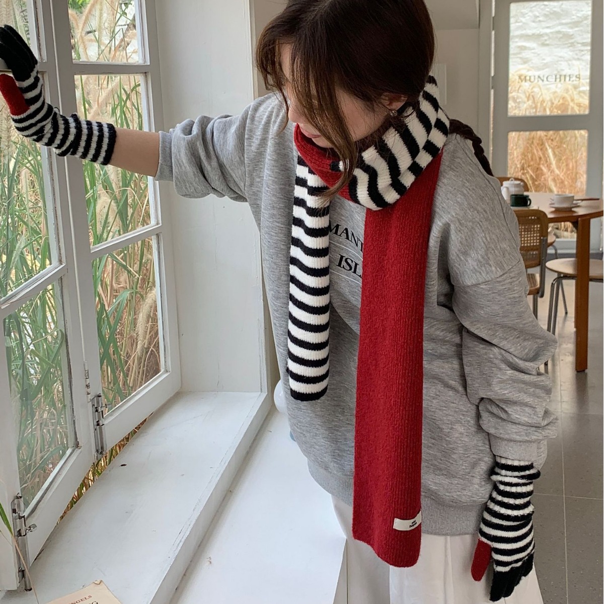 Новые перчатки для лыж с контрастной полоской, комплект шарфа, женские осень и зима, утолщенные, теплые, морозостойкие