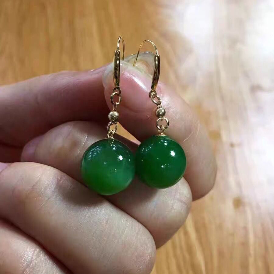 Популярные серьги из натурального нефрита Хэтиан с круглой бусиной, инкрустированные 18-каратным золотом, 9.8, серьги с ушными крючками Янг Грин