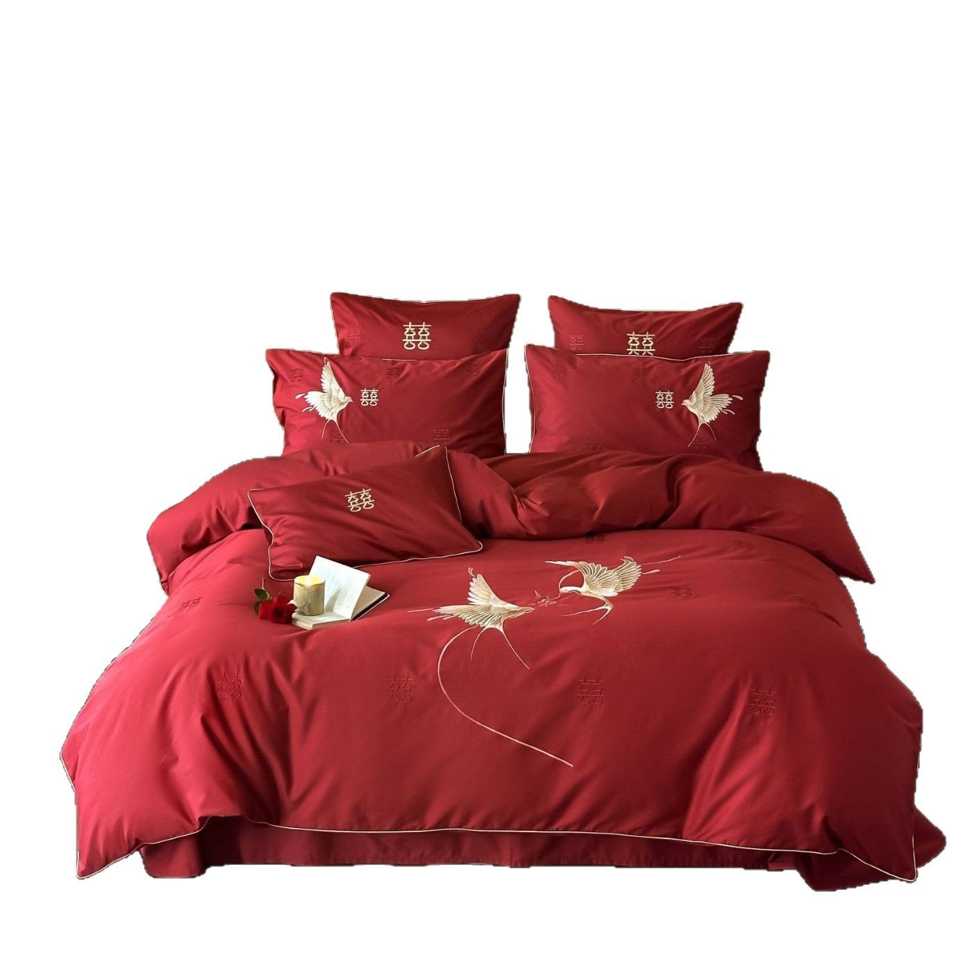 Simple New Chinese Wedding Four-piece Cotton Magpie Double Happiness Embroidery Red Wedding Cotton Bedding 1.8
