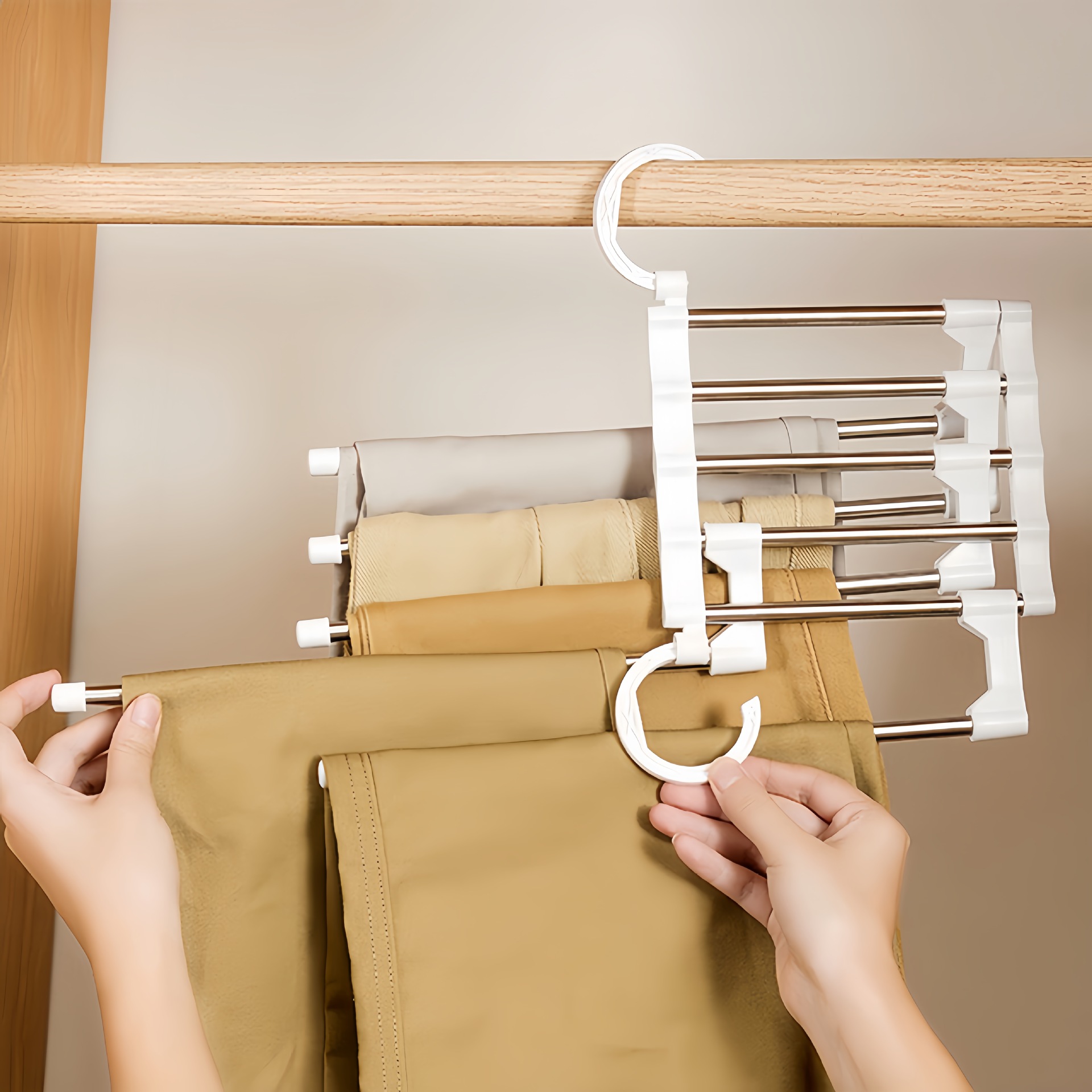 Hot Selling Home Dormitory Wardrobe Seamless Storage Clothes Hanger Stainless Steel Multi-Layer Folding Multi-Functional Telescopic Magic Trouser Rack
