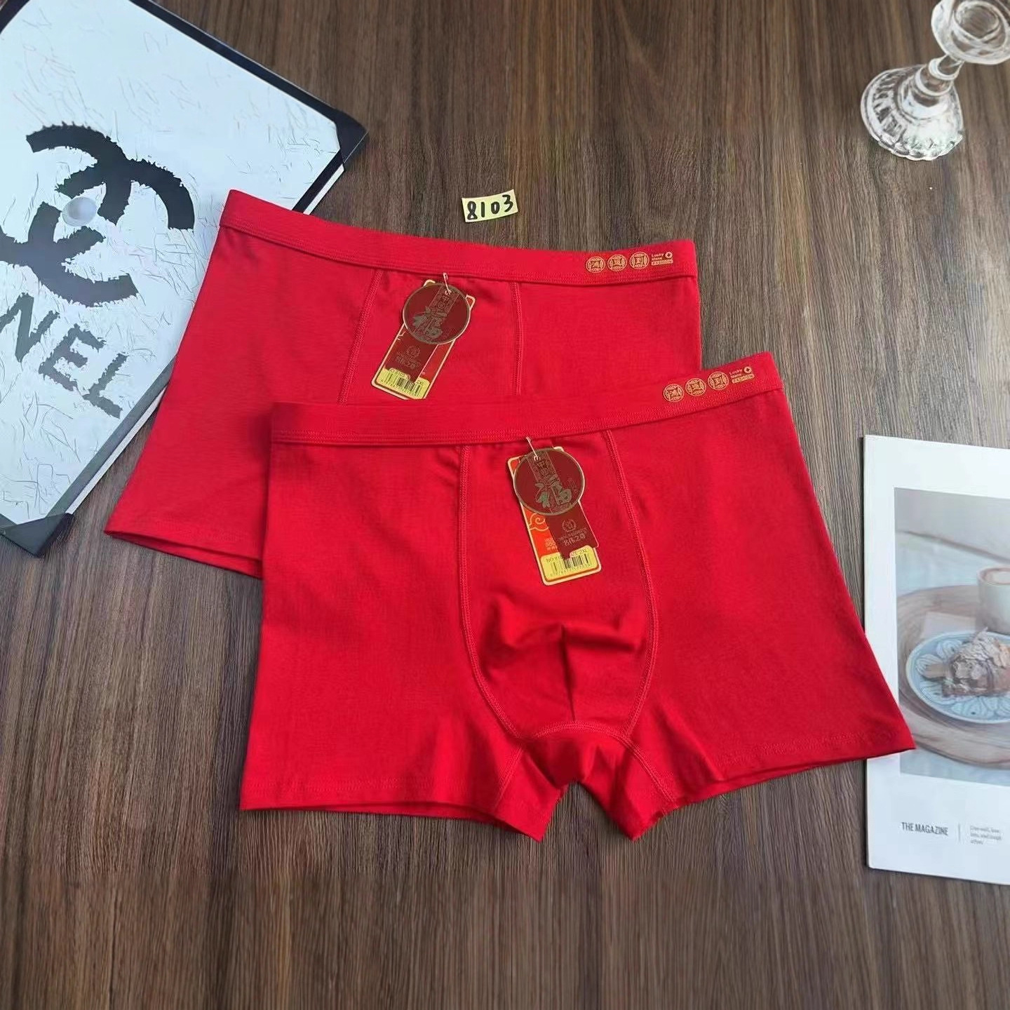 8103 # Optional Size: Men's Red Zodiac Year 95% Combed Cotton Simple and Comfortable Men's Boxer Briefs Wholesale