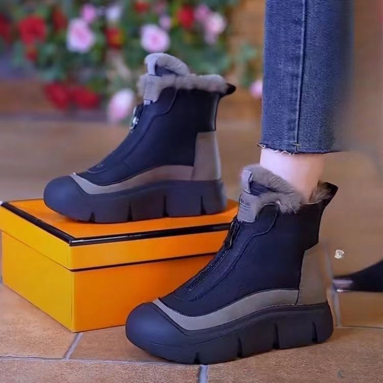 Zipper Snow Boots for Women 2025 Autumn and Winter New Style Fleece-Lined Warm Leather Boots Fashionable Casual Thick-Soled Cotton Boots Soft-Soled Women's Shoes