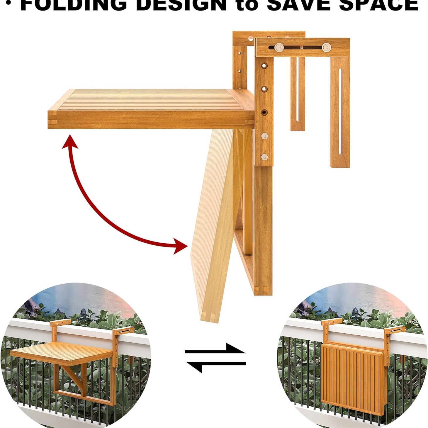 Cross-Border Folding Balcony Deck Table Solid Wood Outdoor Hanging Railing Table Acacia Wood Modern Style Adjustable Folding Table