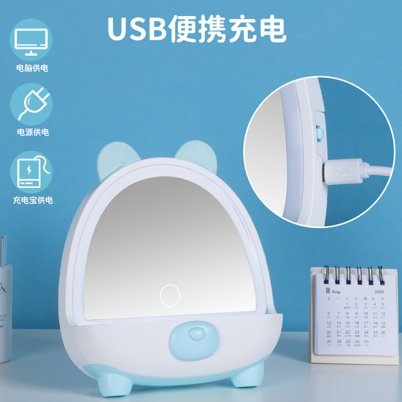 Led Makeup Mirror with Lamp Desktop Internet-famous Women's Small Mirror Ins Style Dormitory Desktop Portable Storage Dressing Mirror