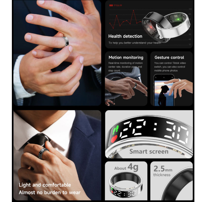 SR08 Cross-border Smart Ring Display Brush Shake Tone Heart Rate Sleep Health Monitoring Black Technology SamrtRing