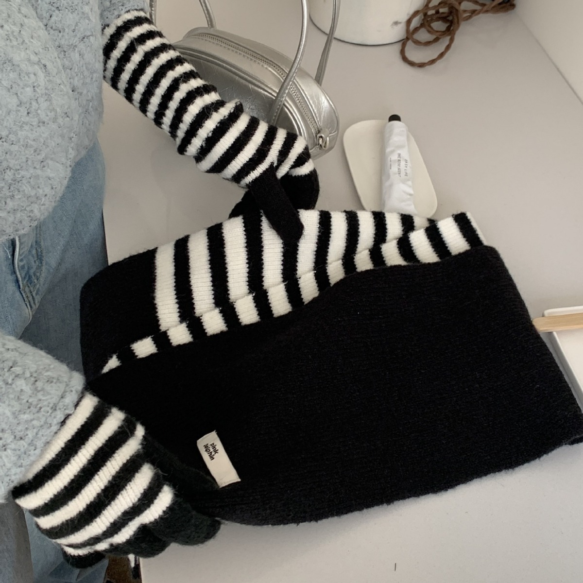 New Contrast Color Striped Wool Ski Gloves Scarf suit Women's Autumn and Winter Thickened Warm Cold-proof Knitted Couple