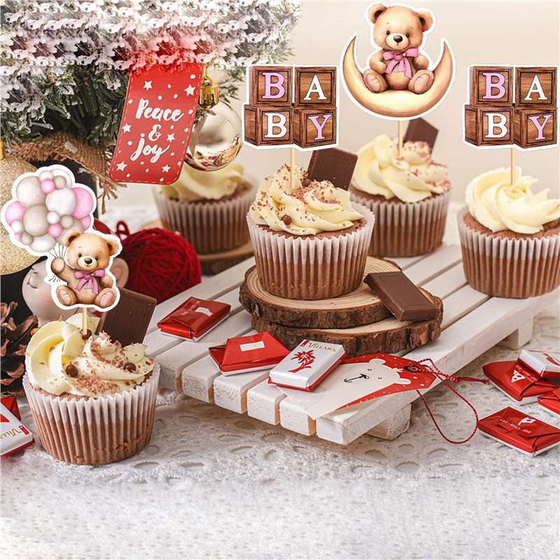 Children's blue moon bear layout card theme baby birthday party decoration selection dessert cute plug-in