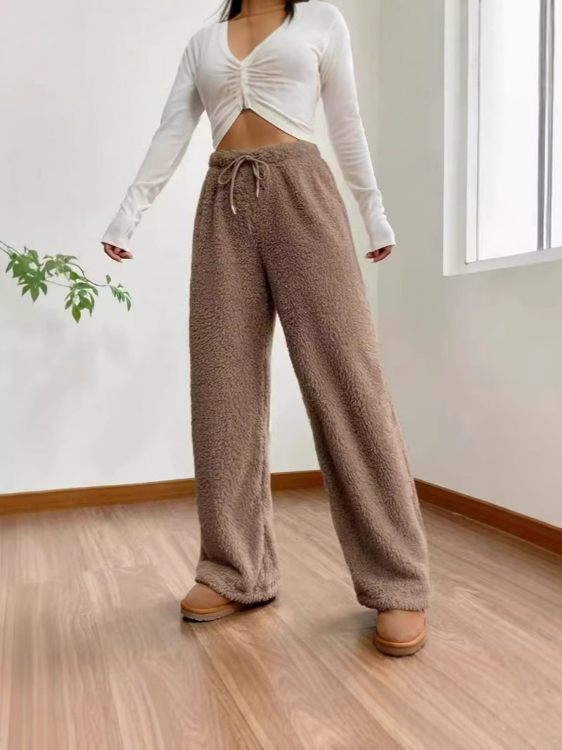 European and American Foreign Trade Women's Sweater New Autumn and Winter Solid Color Fashion Plush Casual Pants Loose and Relaxed Plush Warm Pants for Women