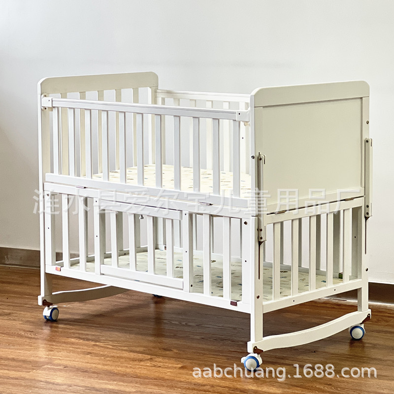 New White Crib Pine Children's Bed Can Be Longed Children's Spliced Bed Sleeping Board with Adjustable Height with Mosquito Net