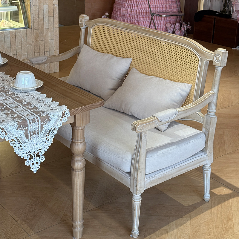 American Style Solid Wood Sofa European Style French Country Pastoral Style Rattan Casual Restaurant Cafe Homestay Vintage Furniture