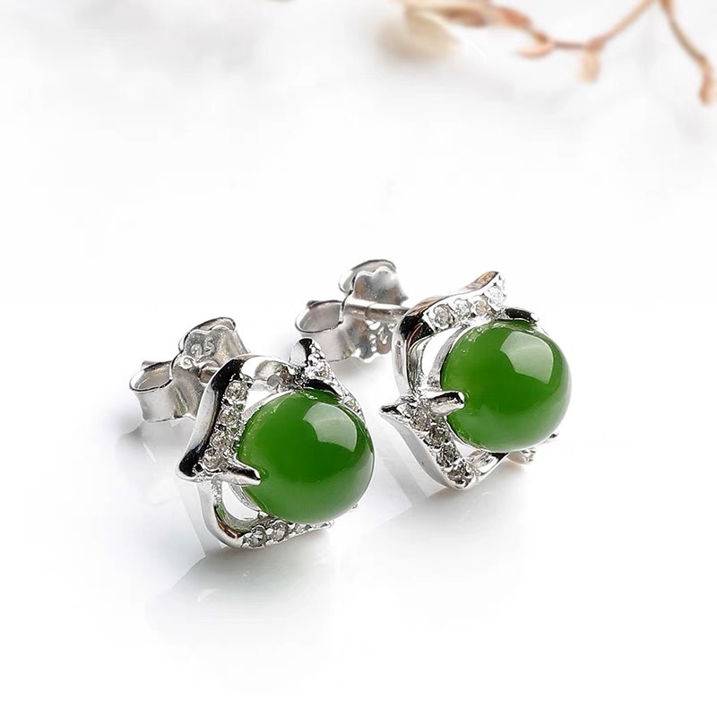 Natural Malay Jade Earrings Green Chalcedony Earrings Korean Style Fashion Elegant Women's Simple Jasper Inlaid with Hetian Jade