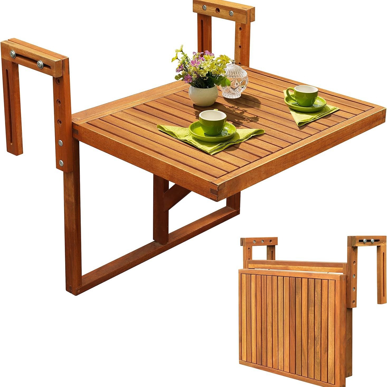 Cross-Border Folding Balcony Deck Table Solid Wood Outdoor Hanging Railing Table Acacia Wood Modern Style Adjustable Folding Table
