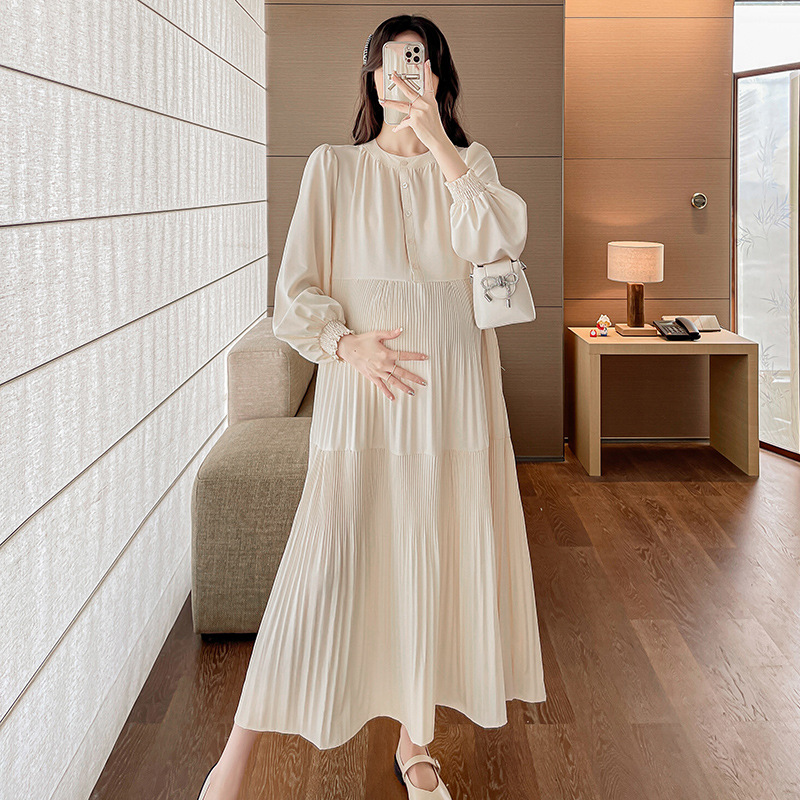 Spring and Summer new loose slimming pleated round neck simple lazy artistic style elegant gentle casual all-matching dress
