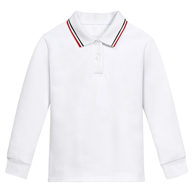 Children's spring and autumn pure white polo shirt Primary School students pure cotton blue school uniform boys and girls striped collar long sleeve solid color T-shirt
