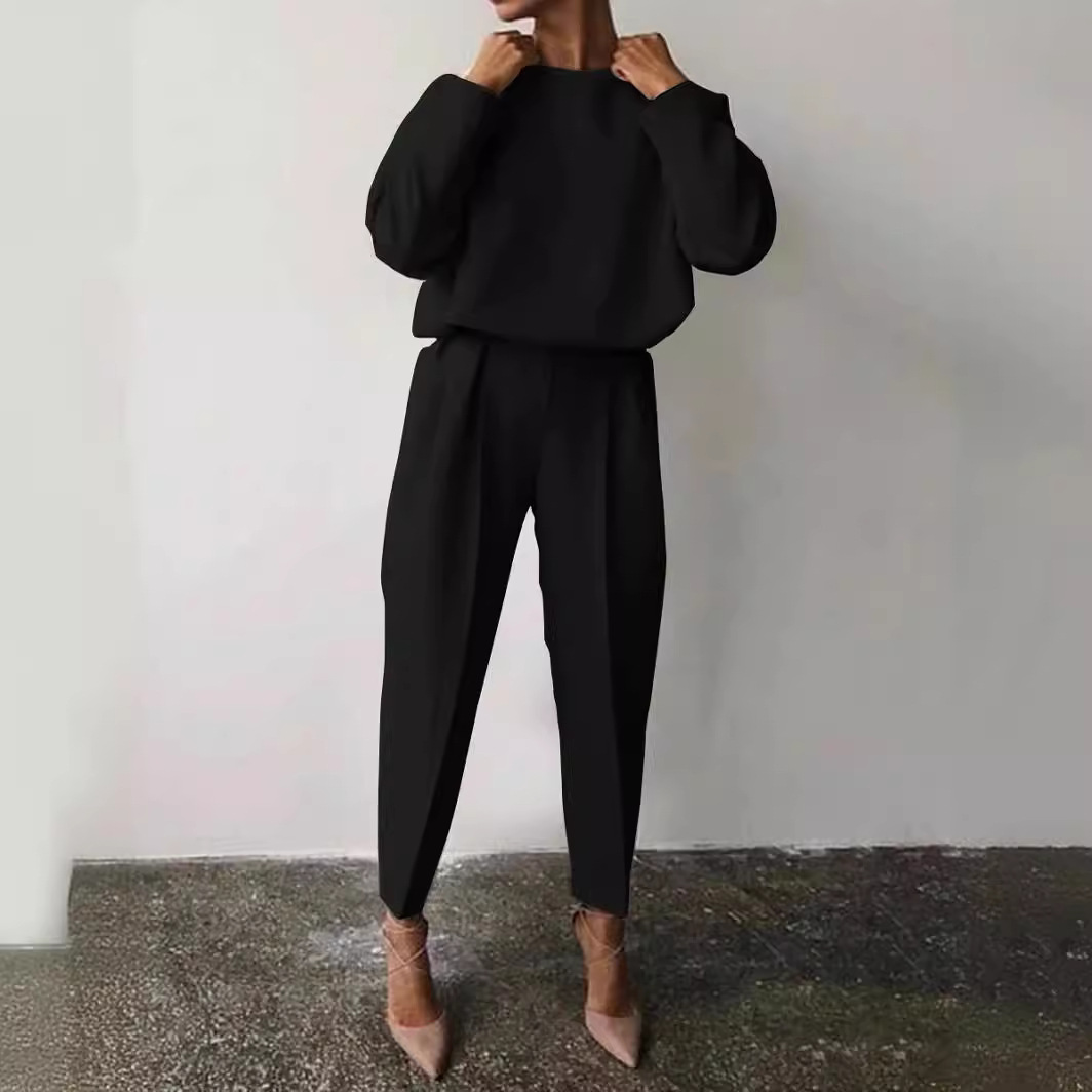 Spot Autumn and Winter Cross-Border European and American Clothing Amazon Loose Solid Color Long-Sleeved Casual Two-Piece Suit